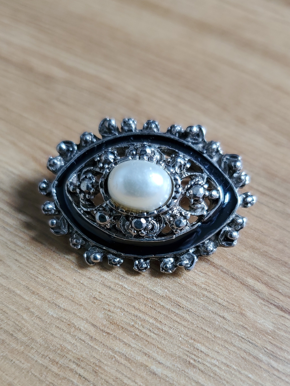 Vintage Victorian Revival Black Enamel & Faux Pearl Oval Brooch